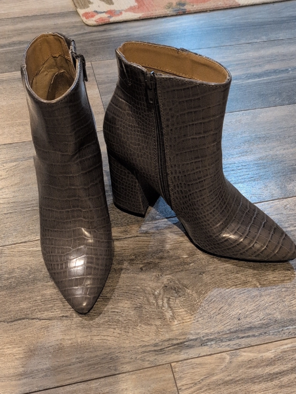 Express Croc-Embossed Pointed Toe Ankle Boots - Gray